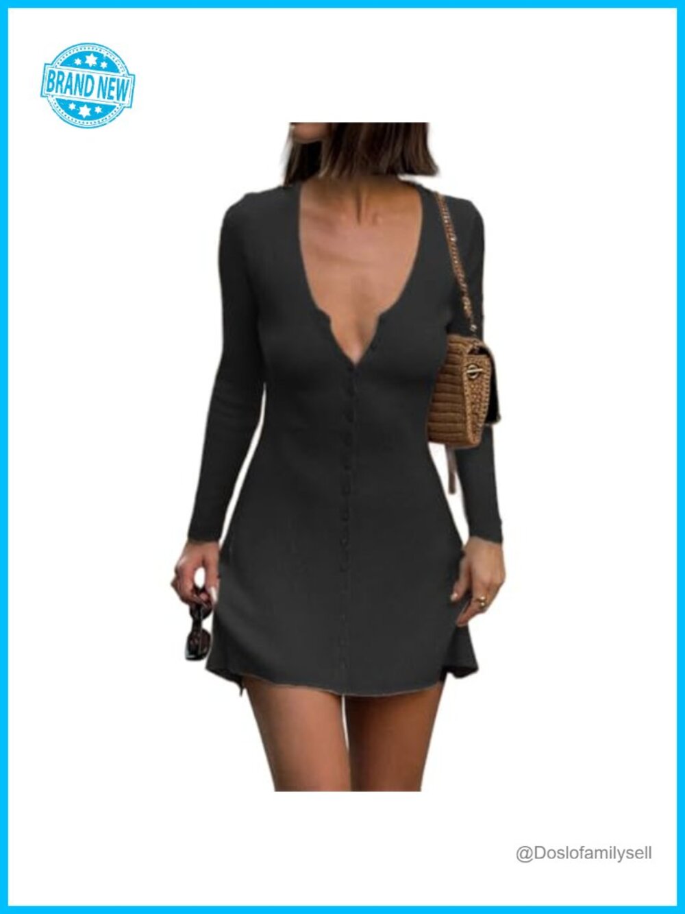 Sexy Deep V Neck Button Front Knit Mini Dress Long Sleeve Ribbed A-Line